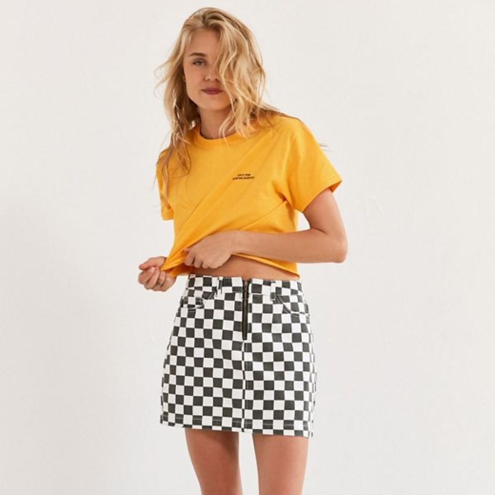 BDG Checkered Denim Zip Mini Skirt- Small